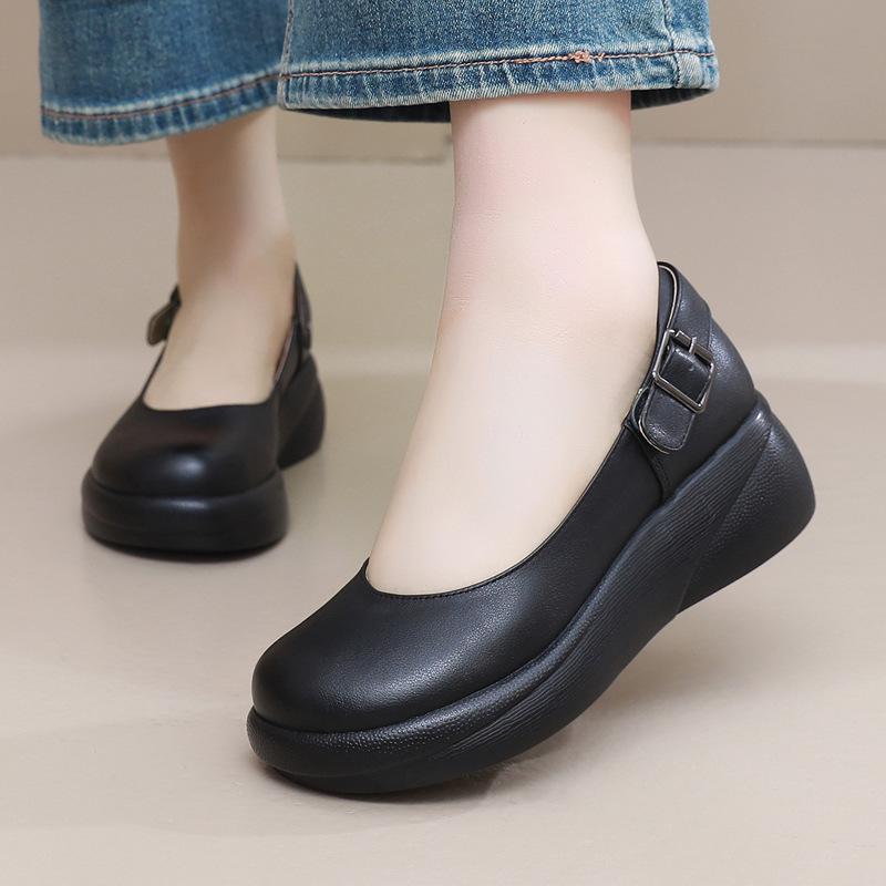 GKTINOO 2025 New Spring Autumn New British Style Genuine Leather Shoes Thick soled Wedges Shoes Soft soled Slip On Women's Shoes