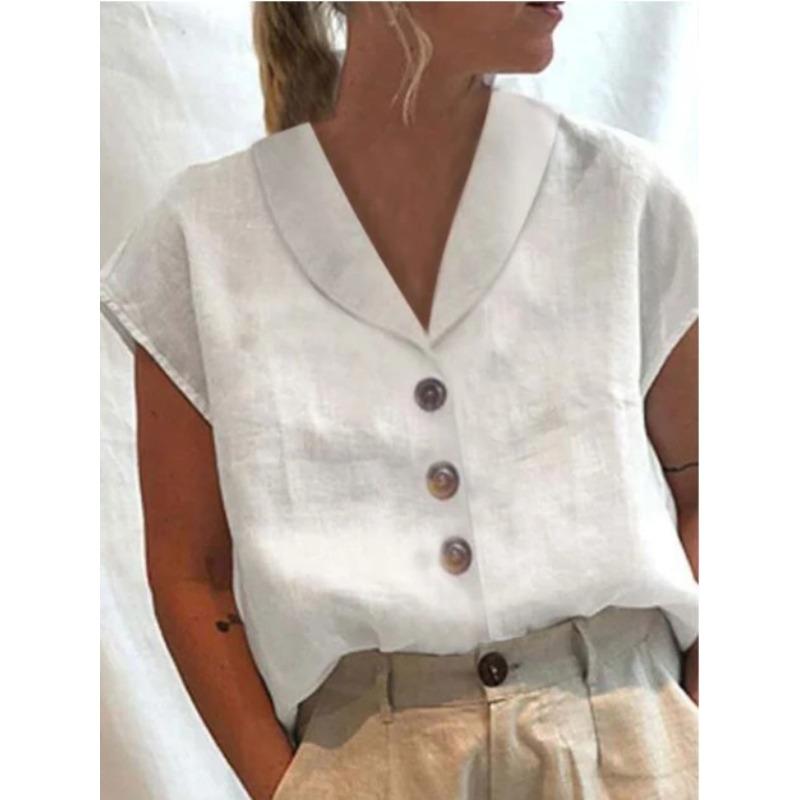 Women s V Neck Sleeveless Linen Blend Button Down Casual Blouse S белый