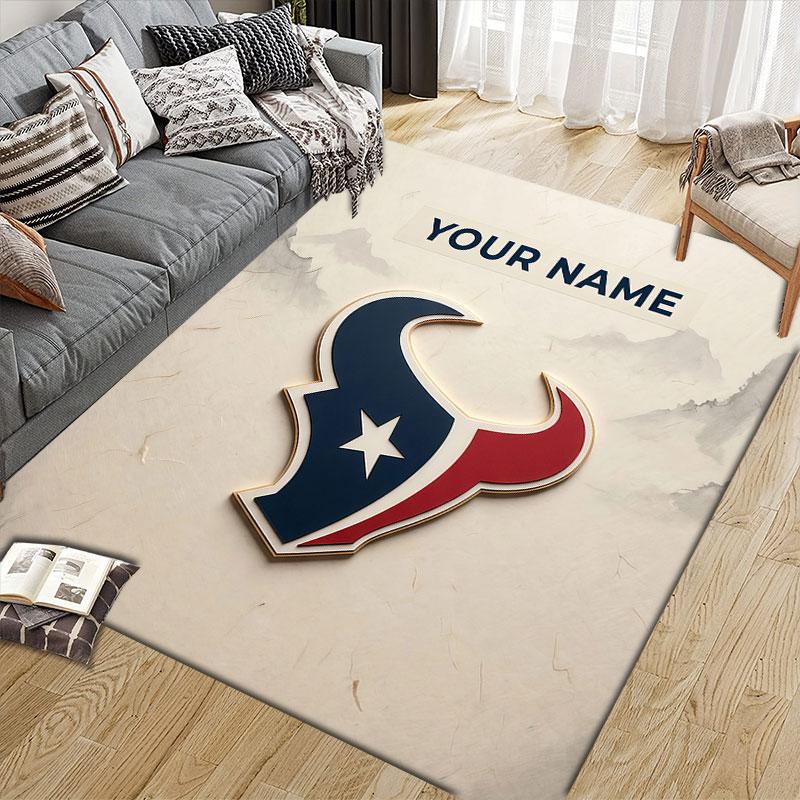Custom Name,Houston Texans Home Sofa Decoration for Living Room & Bedroom, Non‑Slip Play Flannel Floor Mat for Game Room