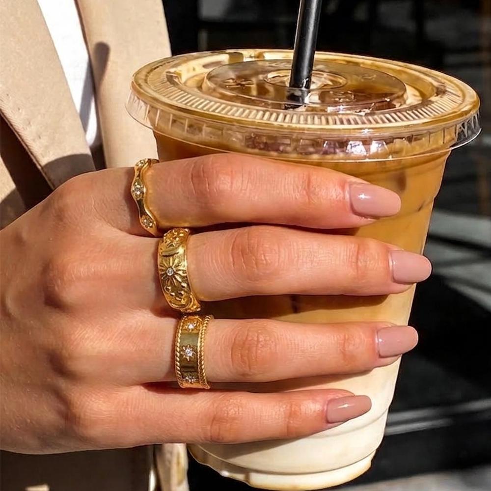La.Muses Ripple Edged Octagonal Cubic Zircon Pattern Stainless Steel Women's Rings Waterproof Daily High-end Jewelry Accessories