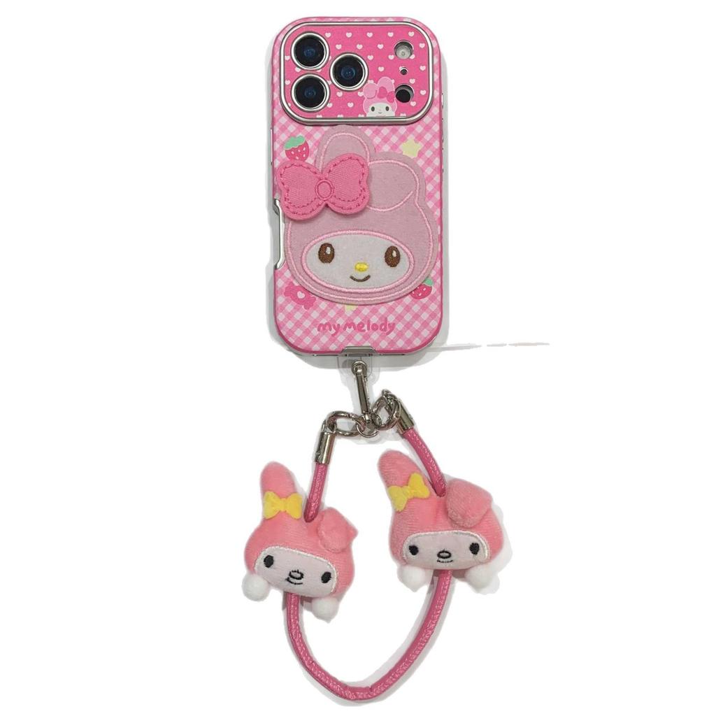 Sweet Girl Pink Plaid Cartoon Hand Strap Phone Case for iPhone 17/16 Pro Max/15/14