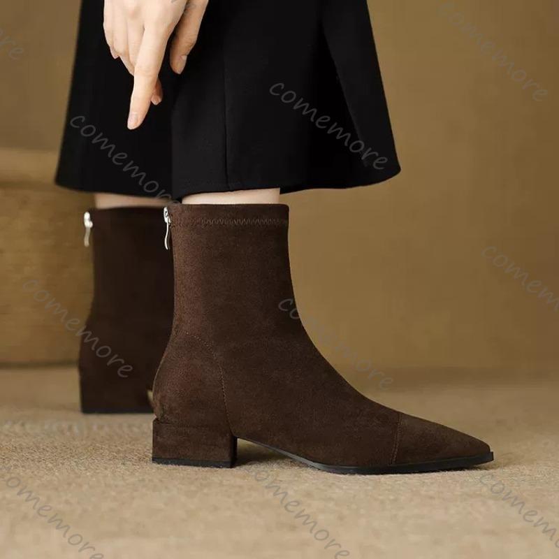 Comemore Stretch Skinny Boots for Women Autumn Solid Suede Pointed Toe Women Shoes Thick Low Heeled Short Sock Botas