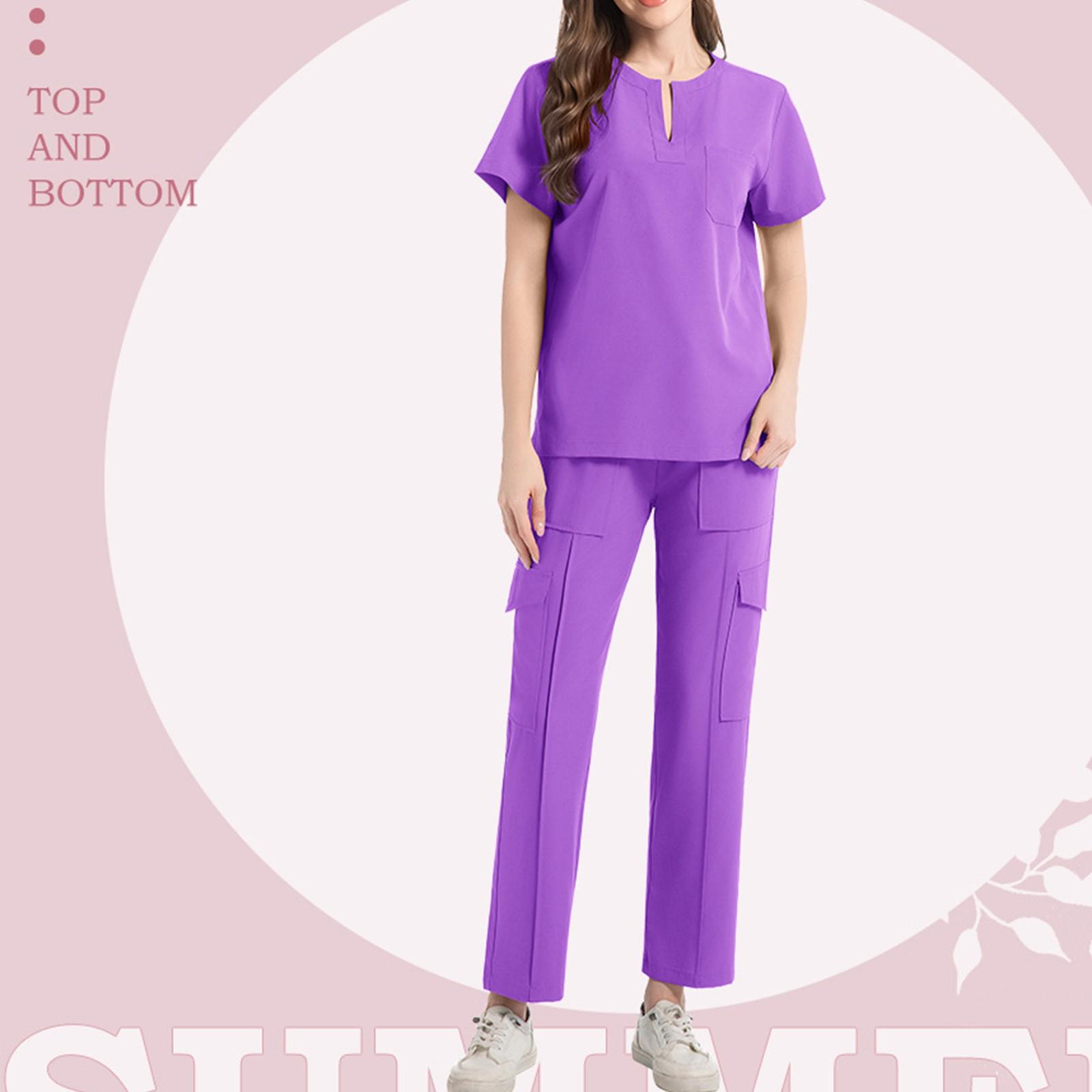 

Женский однотонный топ с короткими рукавами и V-образным вырезом, карманами, рабочая одежда, комплект из двух предметов S фиолетовый