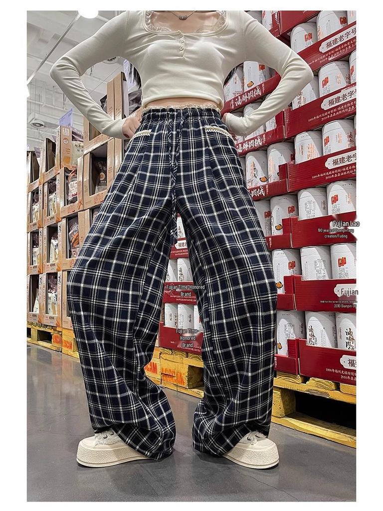 Spring 2025 Women's High Waist Plaid Lace Casual Pants - Korean Style Slimming Straight Wide-Leg Trousers