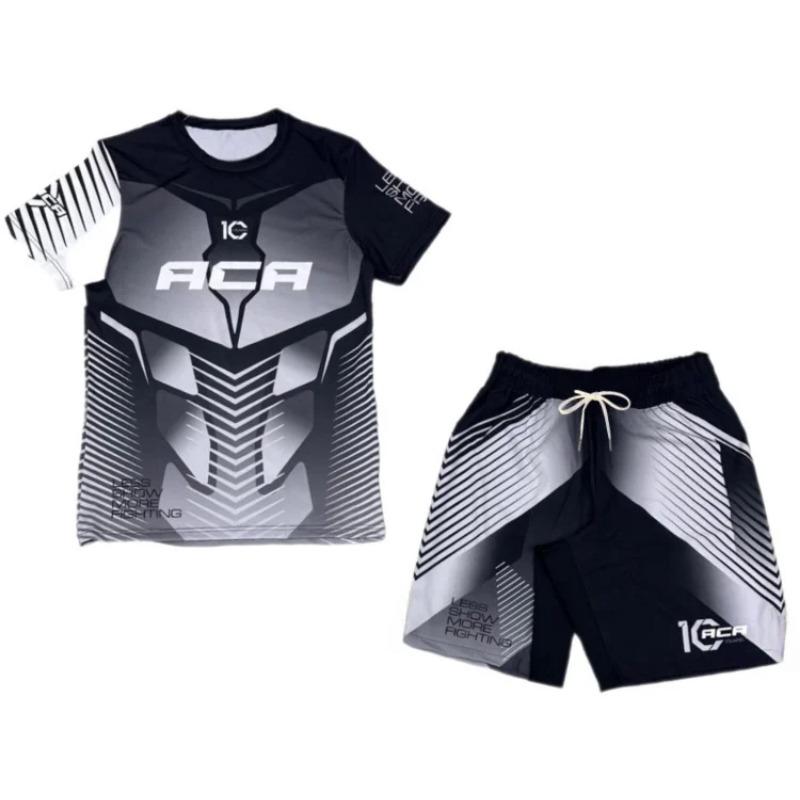 Completo Sportivo da Allenamento da Combattimento per Boxe e MMA da Uomo con Maglia a Maniche Corte Rash Guard Stampata in 3D e Pantaloncini da Combattimento
