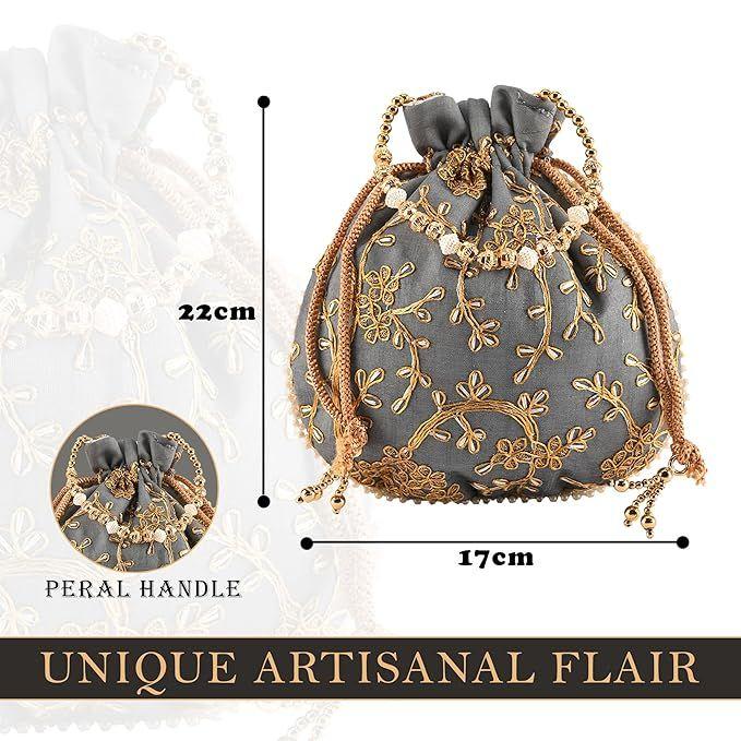 Jute Handbags for Women | Embroidered Women Potli Bag | Traditional Indian Goody Bags | Drawstring Bags for Wedding | Pack of 5