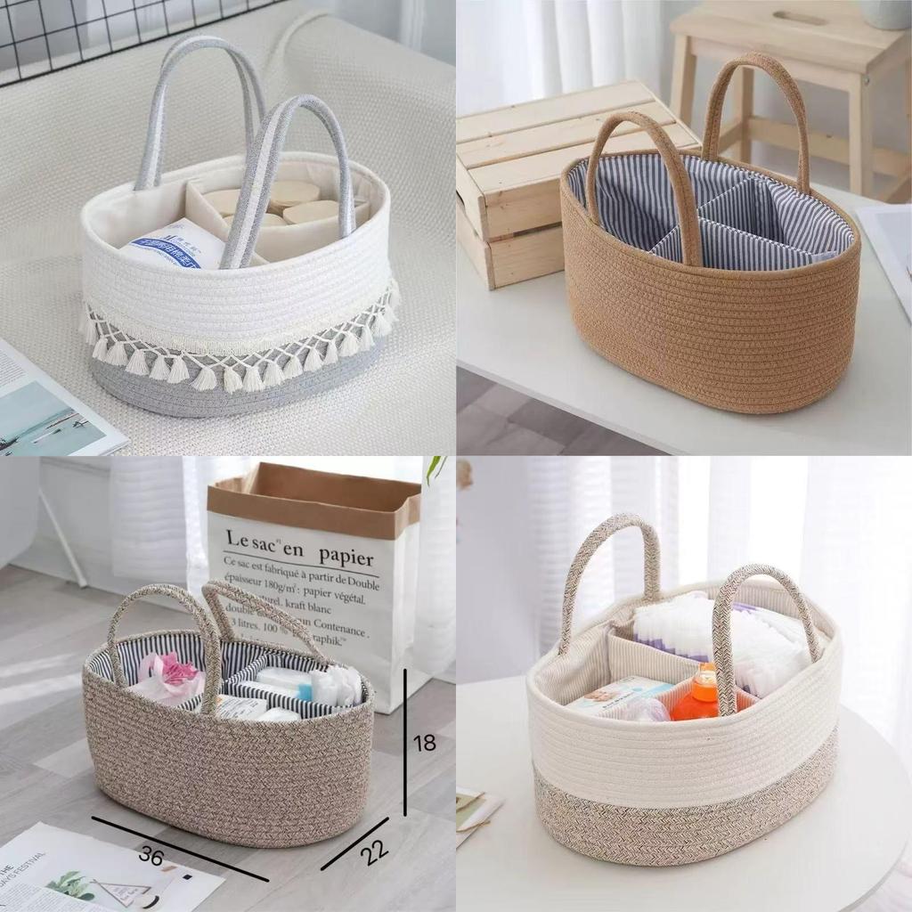 Baby Diaper Storage Basket With Cotton Material Portable Handwoven Organizer For Nursery Use