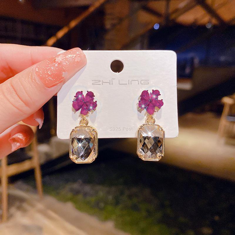 Korean Crystal Flower Square Stud Earrings in S925 Sterling Silver