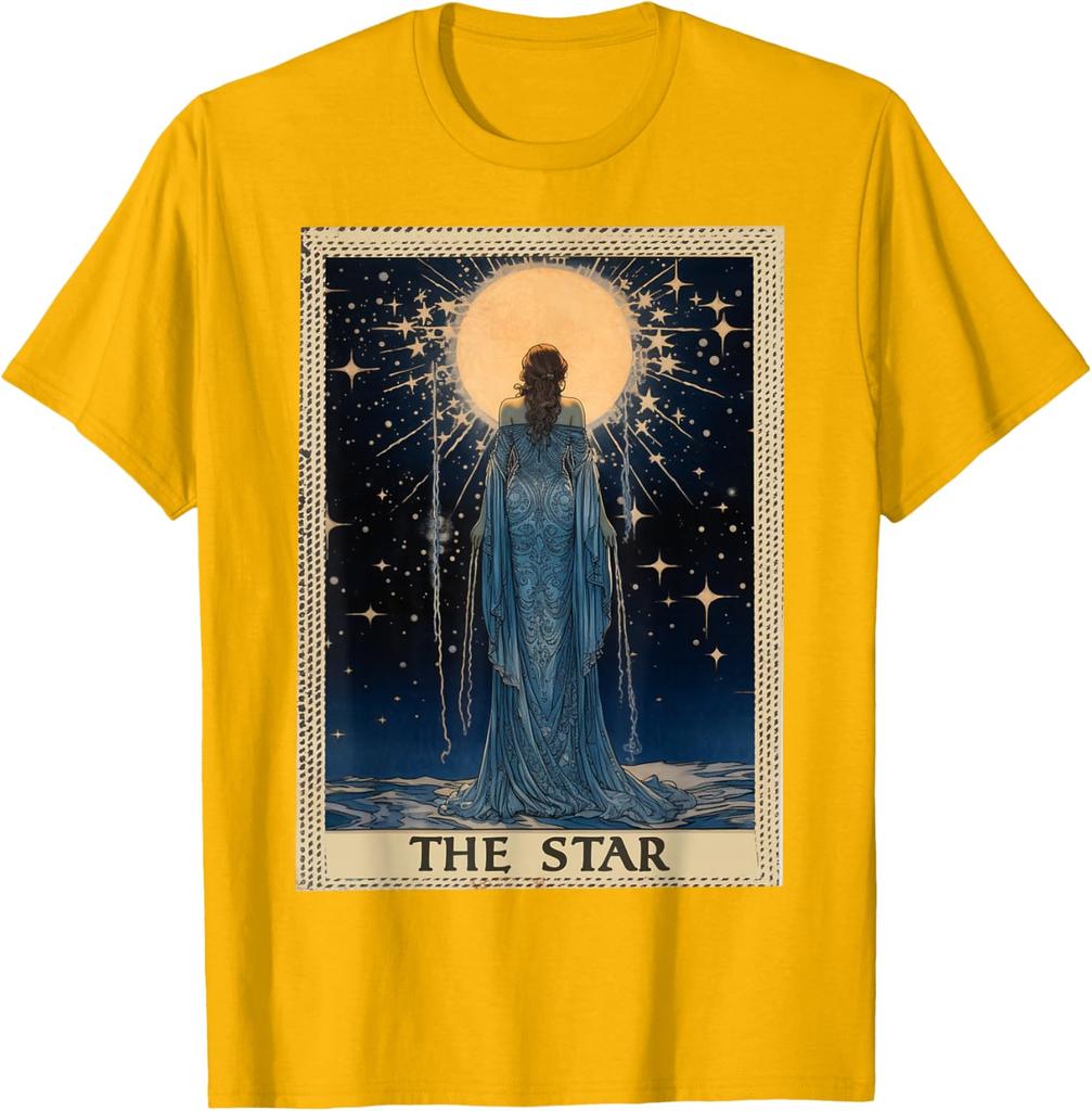 Das Stern Tarotkarten Grafik-T-Shirt Vintage-Stil Astrologie Himmlischer Druck Herren Kurzarm-T-Shirt