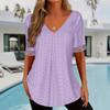 Spring Summer Solid Color V-neck Loose Short Sleeved Pleated T-shirt Top for Women Shirt