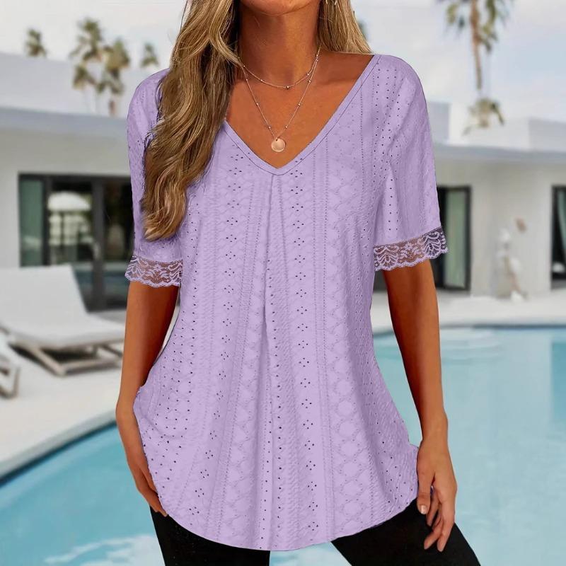 Spring Summer Solid Color V-neck Loose Short Sleeved Pleated T-shirt Top for Women Shirt