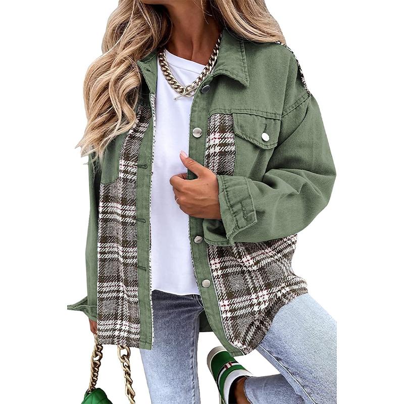 Denim Jacket Checkered Button Up Shirt Jacket Women's Patchwork Jacket Warm Comfortable Commuter Long Sleeved Shirt Autumn Winter