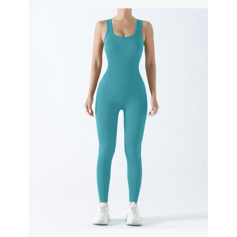 Seamless Ribbed Knit Jumpsuit with Chest Pad for Yoga and Fitness