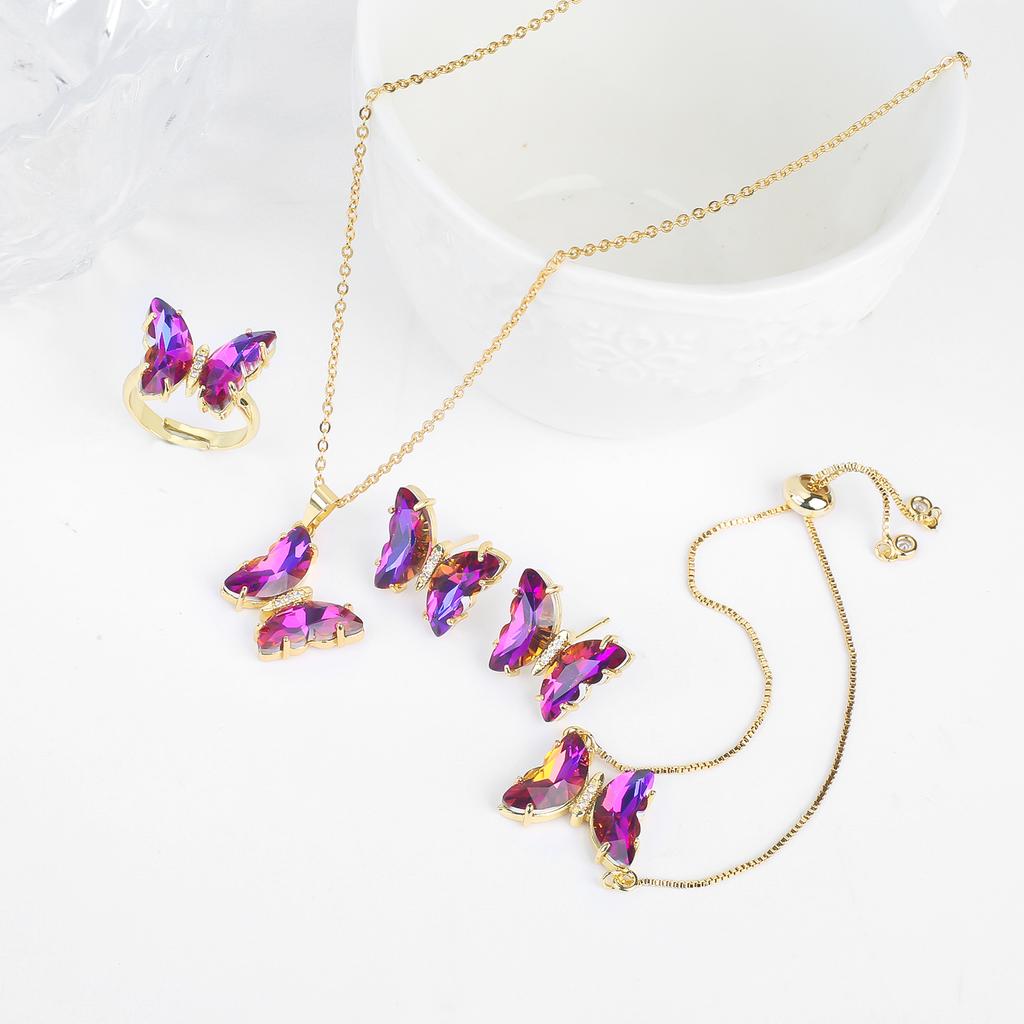 4pcs Creative 21 Colors Crystal Zirconia Butterfly Bracelet Necklace Earrings Ring Jewelry Set Luxury For Woman Party Jewelry