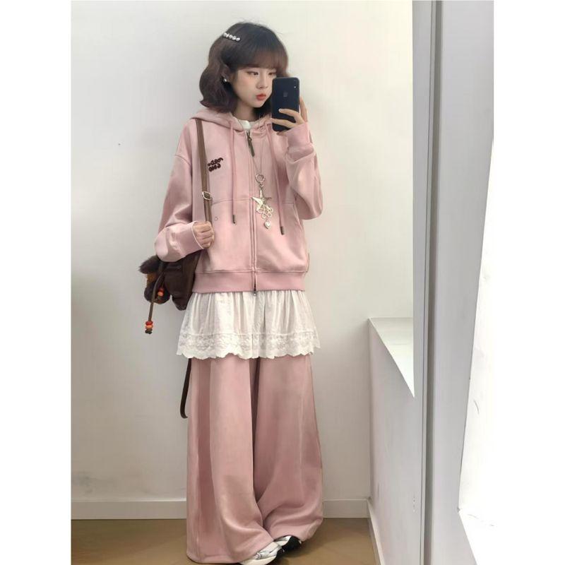

High Sense Blazer Set Early Spring Students Idle Style Daily Wear Cardigan Hoodie Wide Leg Pants Two-piece Set New arrival Pink S