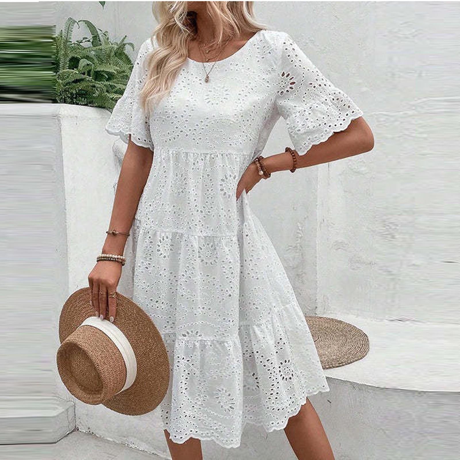 Модное однотонное хлопковое кружевное платье с вышивкой M белый — фото 6