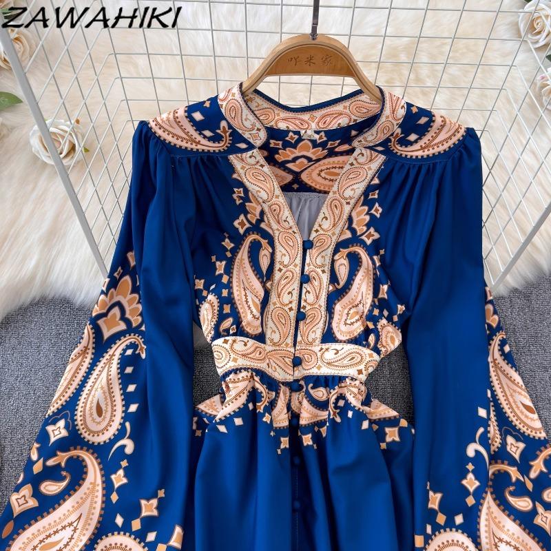 Vintage Evening Dress for Women Print Pleated Puff Sleeve Vestidos Button Designer Femme Robe Temperament Office Lady Ropa Mujer