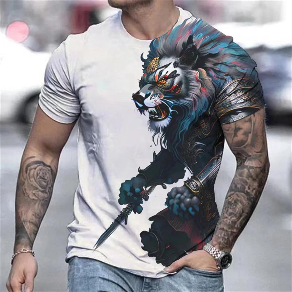 Fashionable Animal Lion Pattern 3D Digital Printing Men's Round Neck Short Sleeved T-shirt
