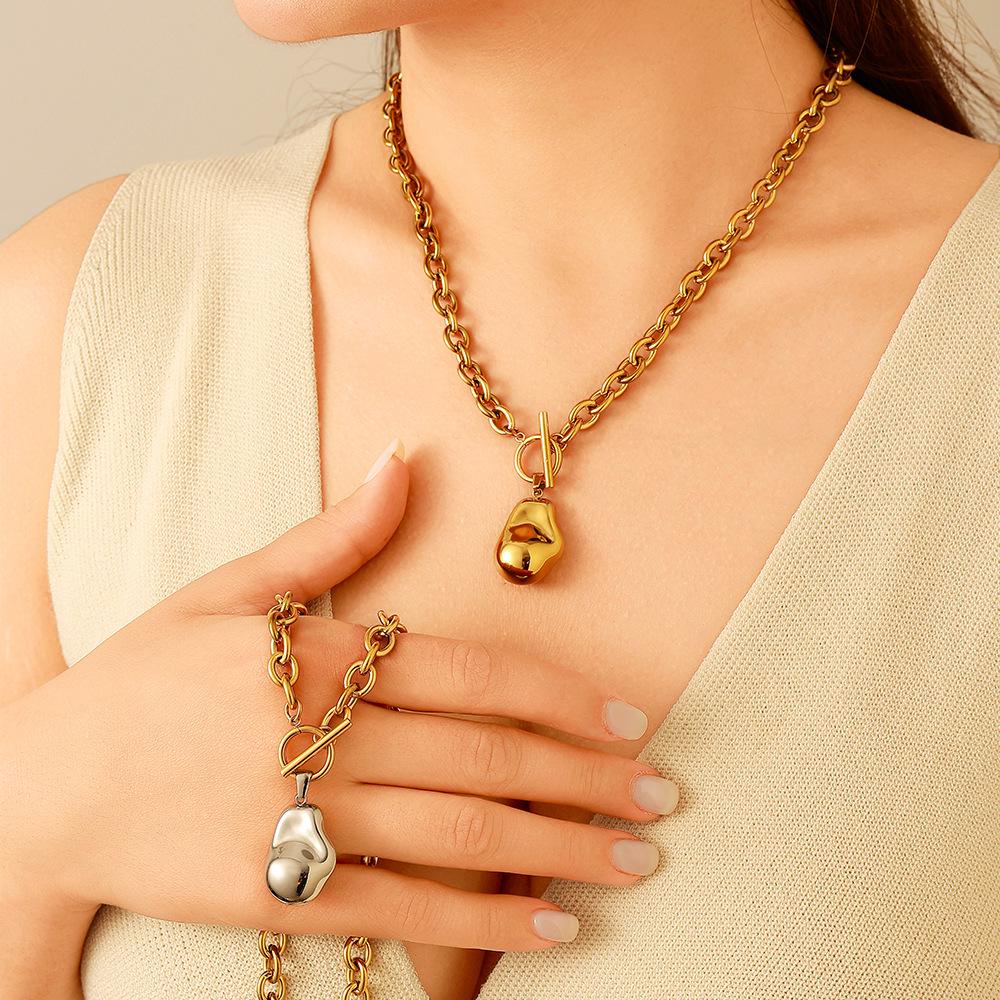 18k Gold-Plated Stainless Steel & Titanium Necklace with Baroque Pearl, European American Style, High-Class Feel, Fade-Resistant OT Buckle for Women.