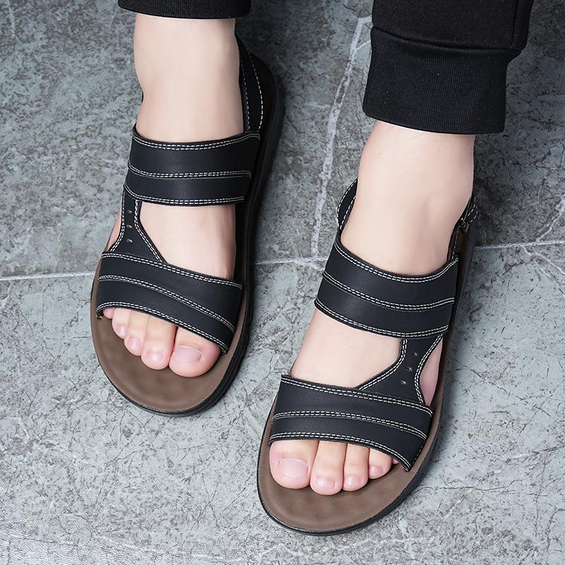 Men Black Leather Sandals Summer Brown Outdoor Hiking Sandals White Wide Head Open Toe Beach Shoes for Father Over Sized