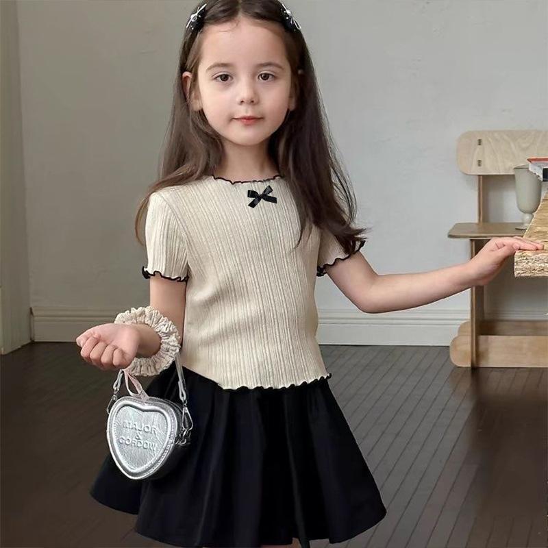 Girls Summer Unique Bowknot Short Sleeve Top Breathable Midget Soft Round Neck T-Shirt 140