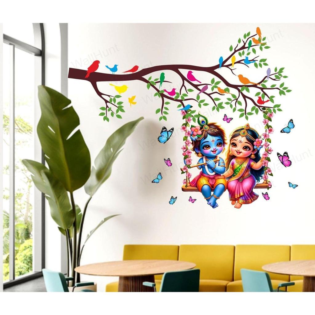 WallHunt PVC Vinyl Tree and Flowers Branch Leaves Radha Krishna Self-Adhesive Wall Sticker for Home Decor/Decoration