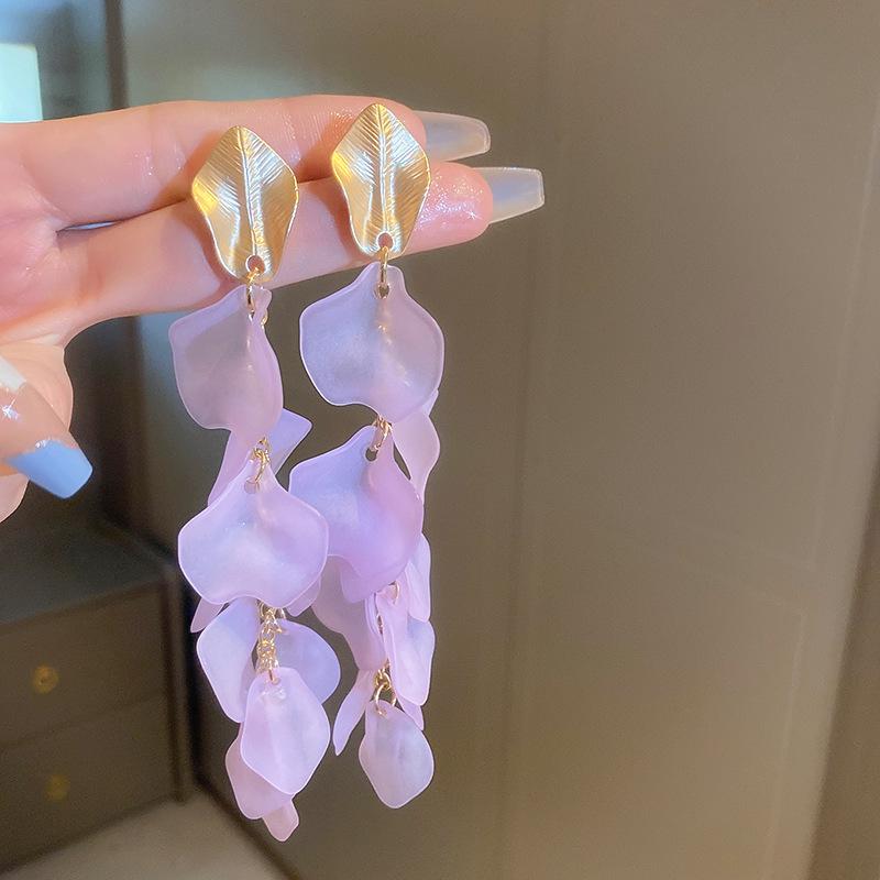 Elegant Sterling Silver Petal Tassel Earrings - Chic European & American Vacation Style for Women