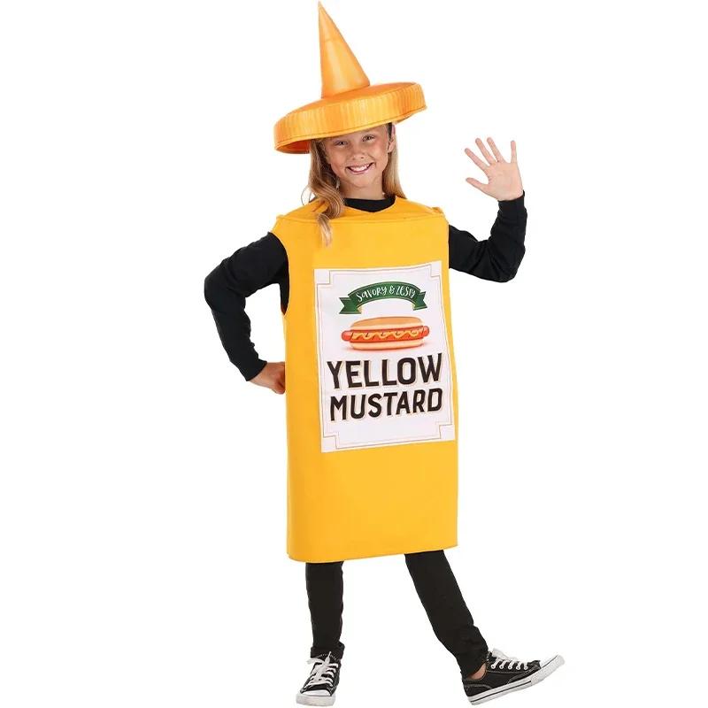 Unisex Kids Mustard Ketchup Costume Set - 2025 Food Cosplay Outfits for Girls & Boys Great for Halloween Fancy Dress Up Events