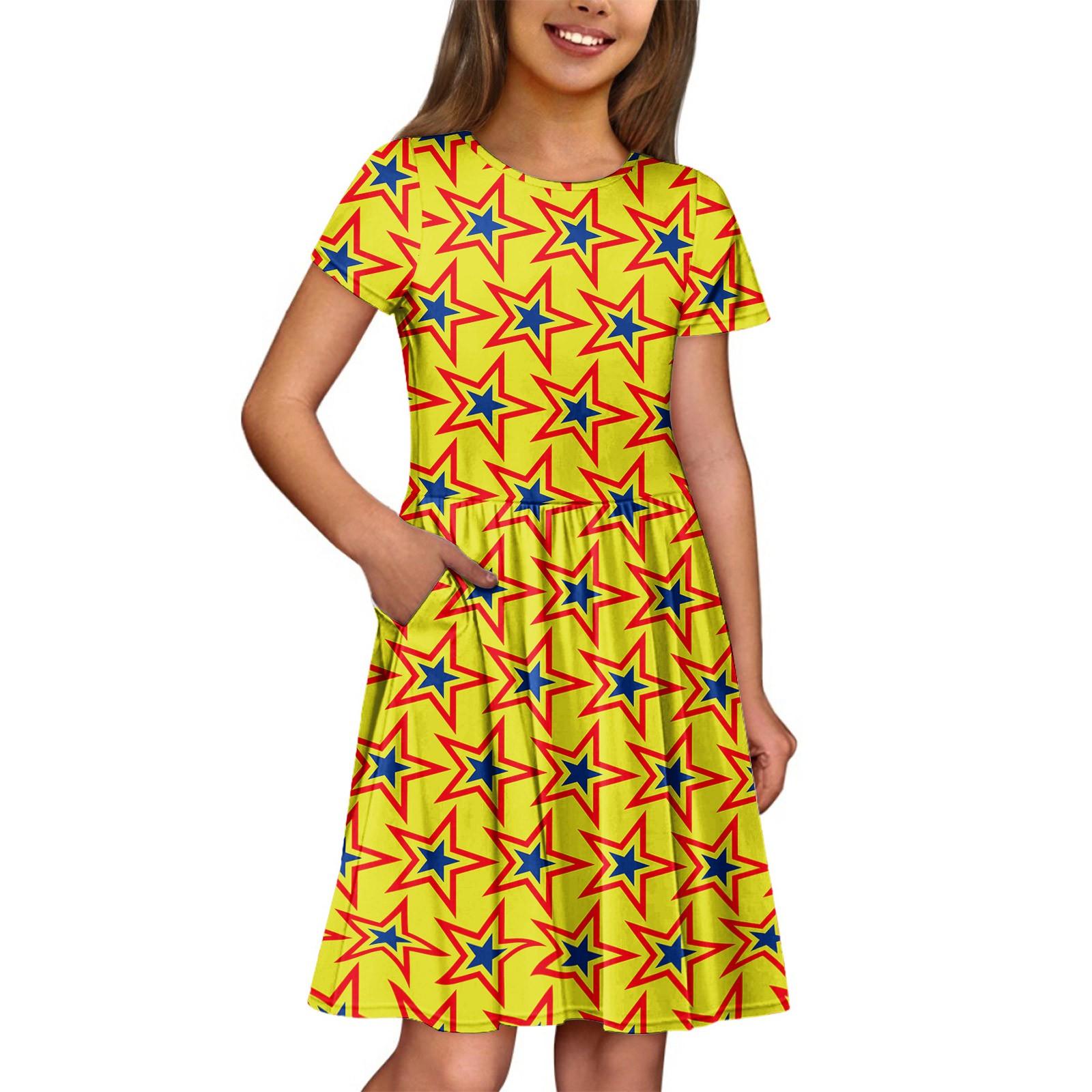 

Летнее платье для девочек, однотонное платье без рукавов с принтом и карманом, повседневное платье, вечернее платье с короткими рукавами 160 жёлтый