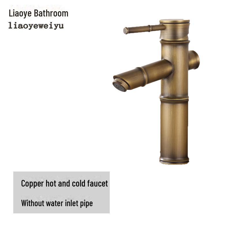 Baterie de baie europeană antică din cupru cu bambus – Baterie pentru lavoar cu apă caldă/rece pentru chiuvete deasupra blatului