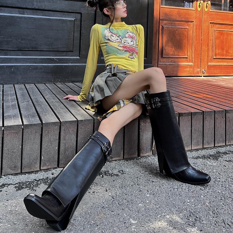 Fashion Designer Rivet Women Trouser Legs Boots Fashion Embroidery Female Thick Heels Knight Long Booties Zapatos De Mujer