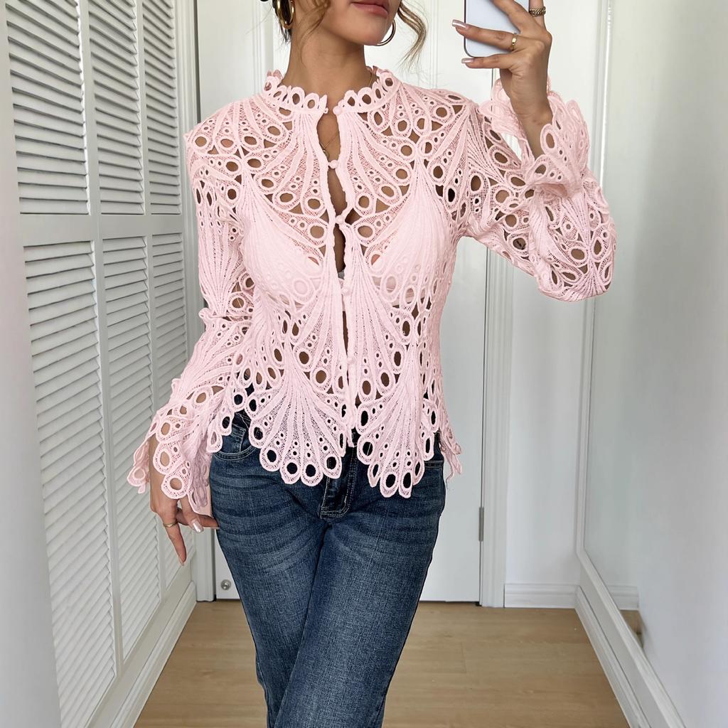 Women’s Sexy Ruffle Long Sleeve Summer Lace Tops 2026 Puff Flare Shirt V Neck Hollow Out Button Down Tunic Blouses