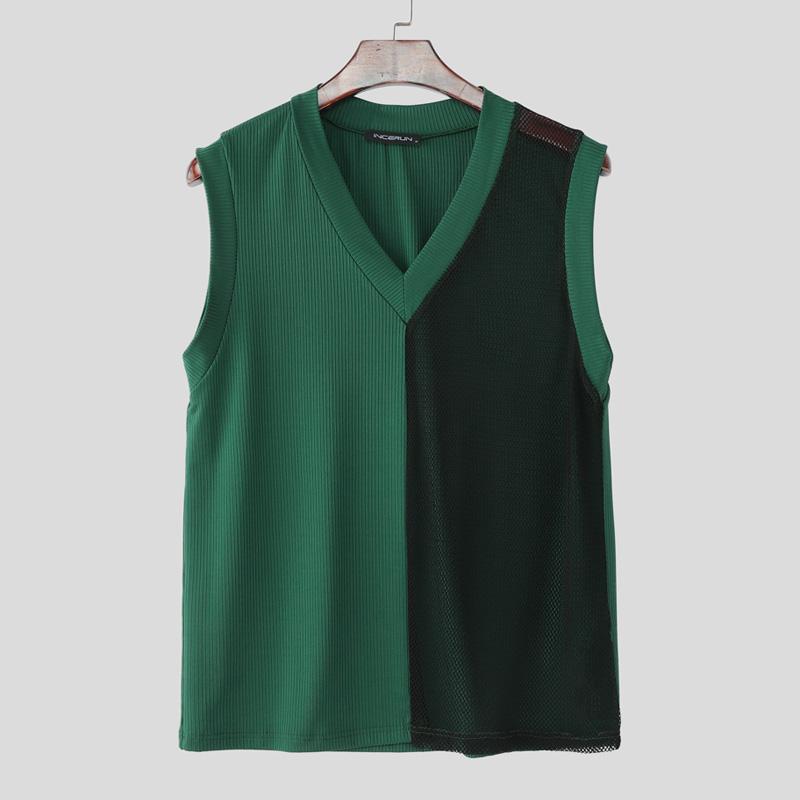 

INCERUN Men V Neck Sleeveless Stitching Mesh Sheer Patchwork Casual Ribbed Tank Tops 5XL зелёный