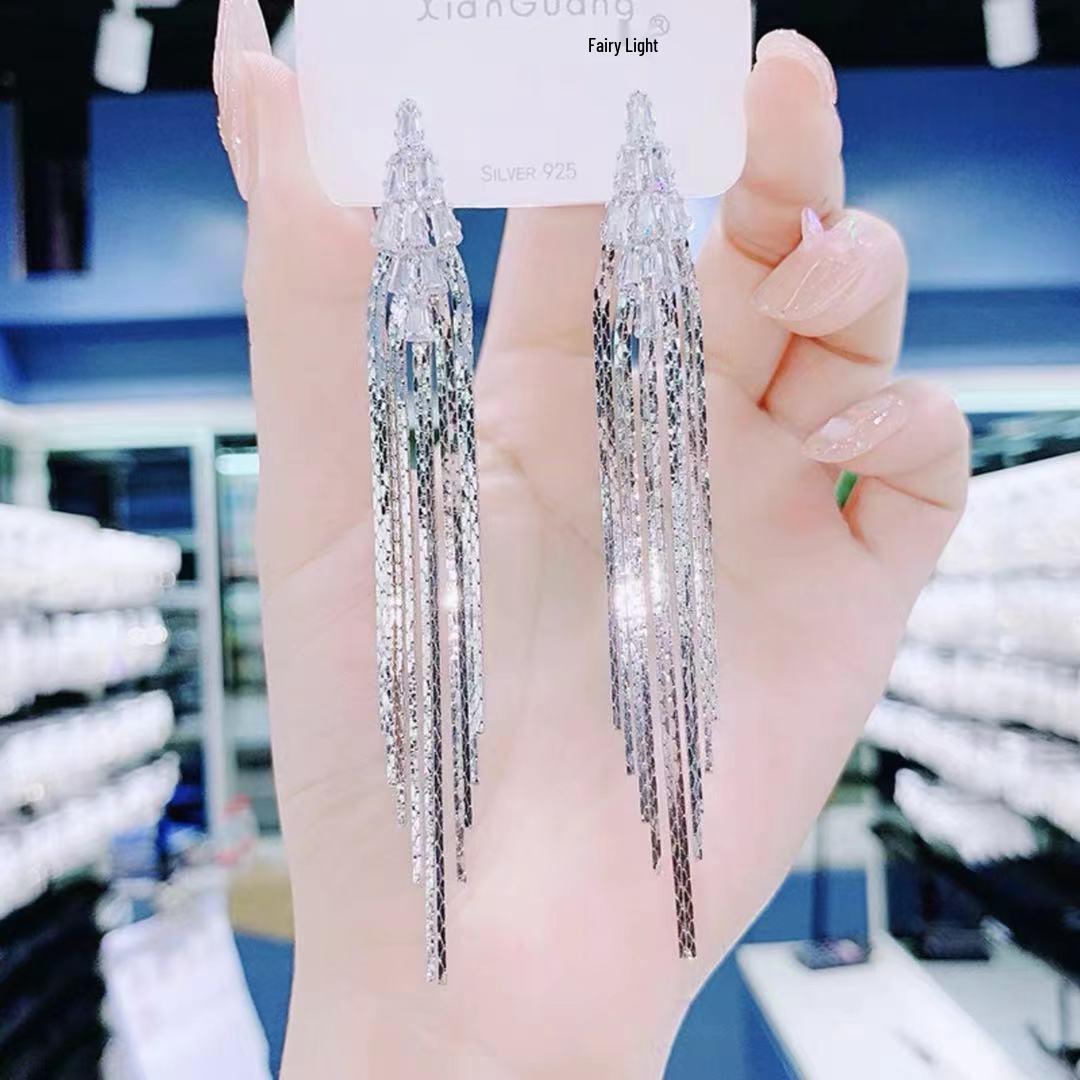 

925 Silver Zircon Tassel Earrings: Elegant Long Design for Women