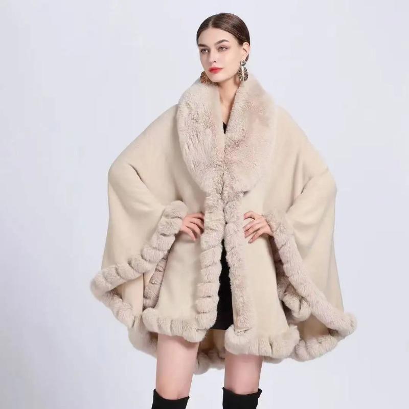 Cape en Fourrure Femme Vêtements d'Hiver Ponchos Épais et Chauds Châle Shawl Manteau Cardigan Longs Amples Manteaux