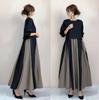 Women's Round Neck Long Sleeve Midi Dress Loose Fit Mid Waist A-Line Color Block Contrast Stitching Minimalist Japanese Casual Dress