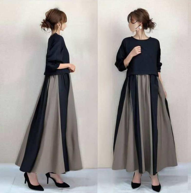 Women's Round Neck Long Sleeve Midi Dress Loose Fit Mid Waist A-Line Color Block Contrast Stitching Minimalist Japanese Casual Dress