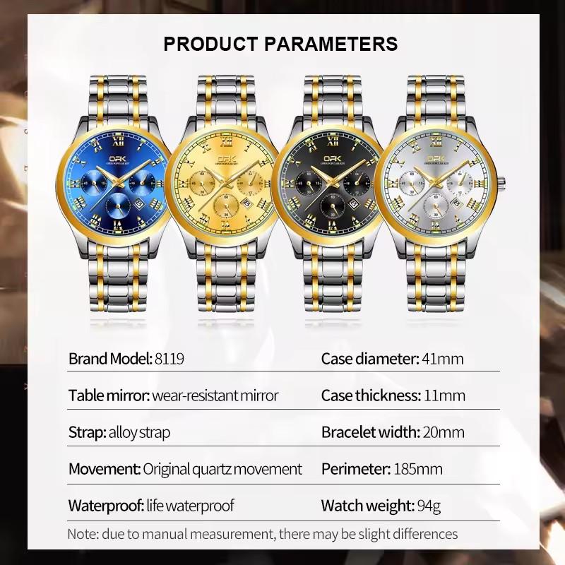 OPK 8119 Dual Calendar Men's Quartz Watch Waterproof Luminous Stainless Steel Wristwatch with Stainless Steel Band for Men