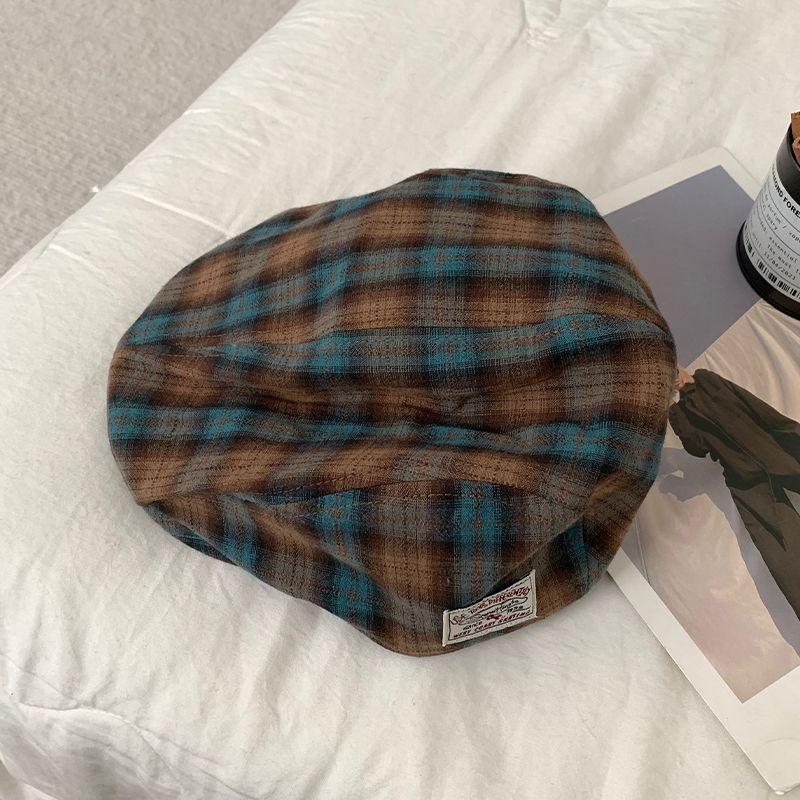 Japanese Retro Plaid Forward Hat for Women's Spring and Summer British Style Beret