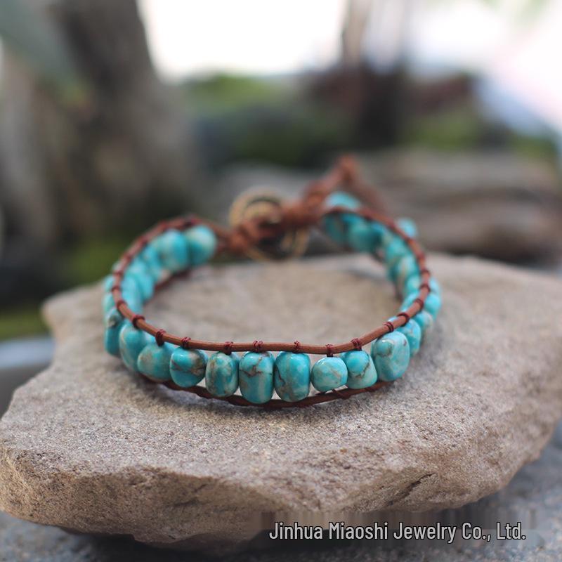 Freeform Shoushan Stone 5x7 Emperor Leather Woven Bohemian Bracelet