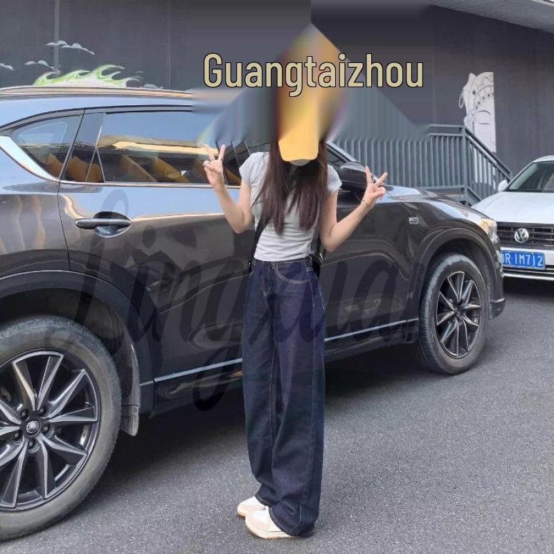 

Women s Hong Kong Style High-Waisted Dark Blue Jeans – Loose & Slimming Floor-Length Pants with Narrow and Wide Leg Options for Spring and Autumn. Medium