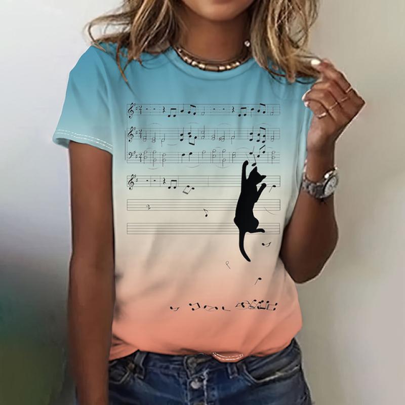 Women's T-Shirts Cute Cat Print Top Short Pullover Sleeved Fashion Casual Style O-Neck Oversize Tee Shirt Female Summer Clothing