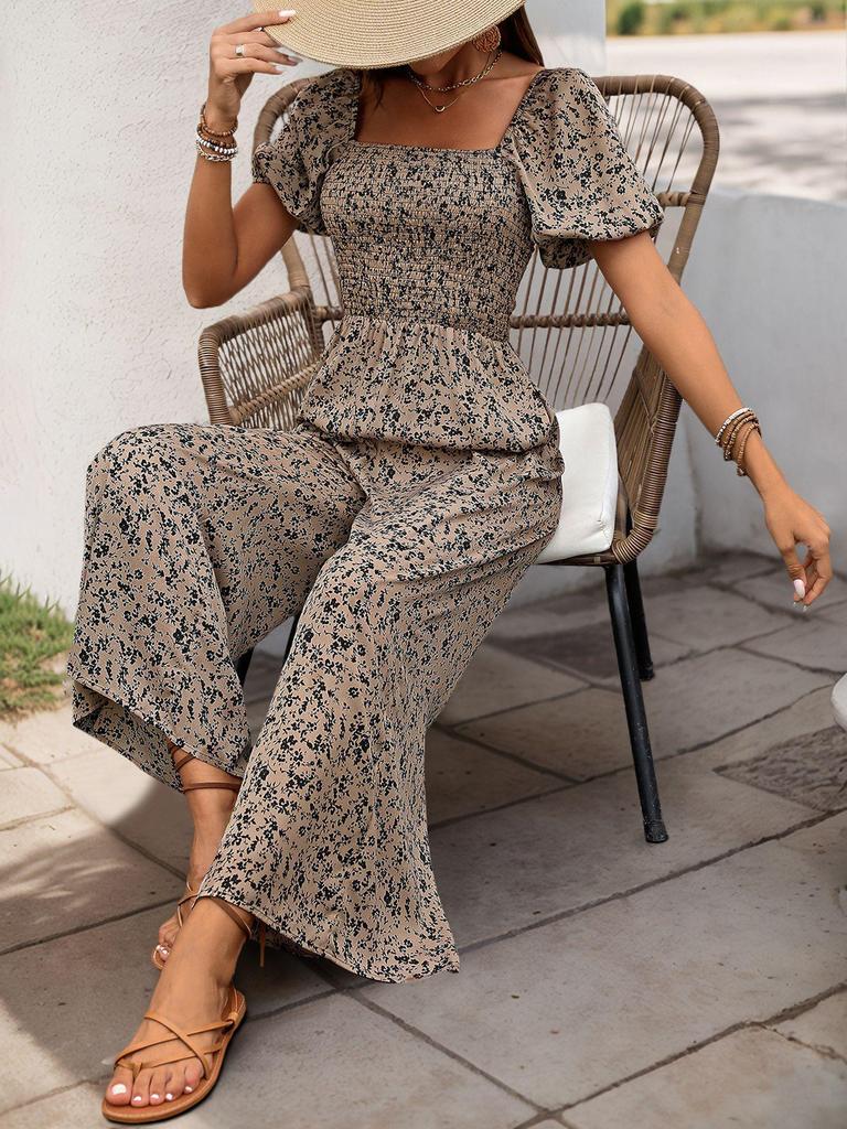 European Summer 2026 Polka Dot Ruched Square Neck Backless Short Sleeve Jumpsuit for Women
