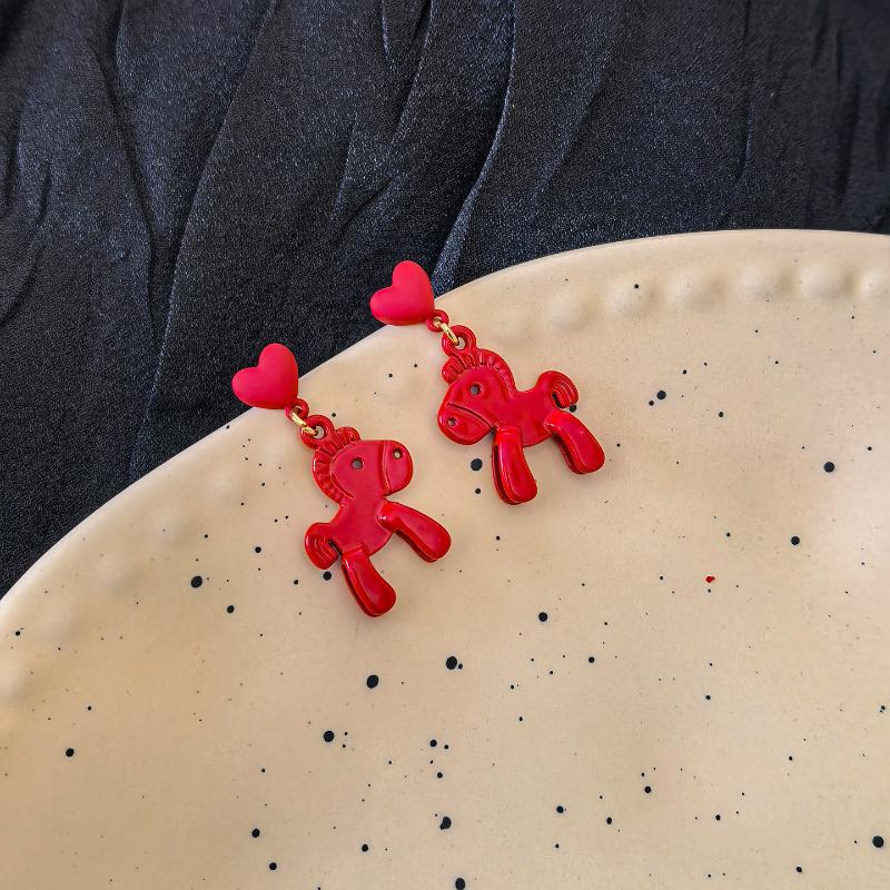 Simple Elegant Red Horse Earrings Korean Cute Sweet New Year's Red Earrings Ear Studs Jewelry Accessories New Year Gifts