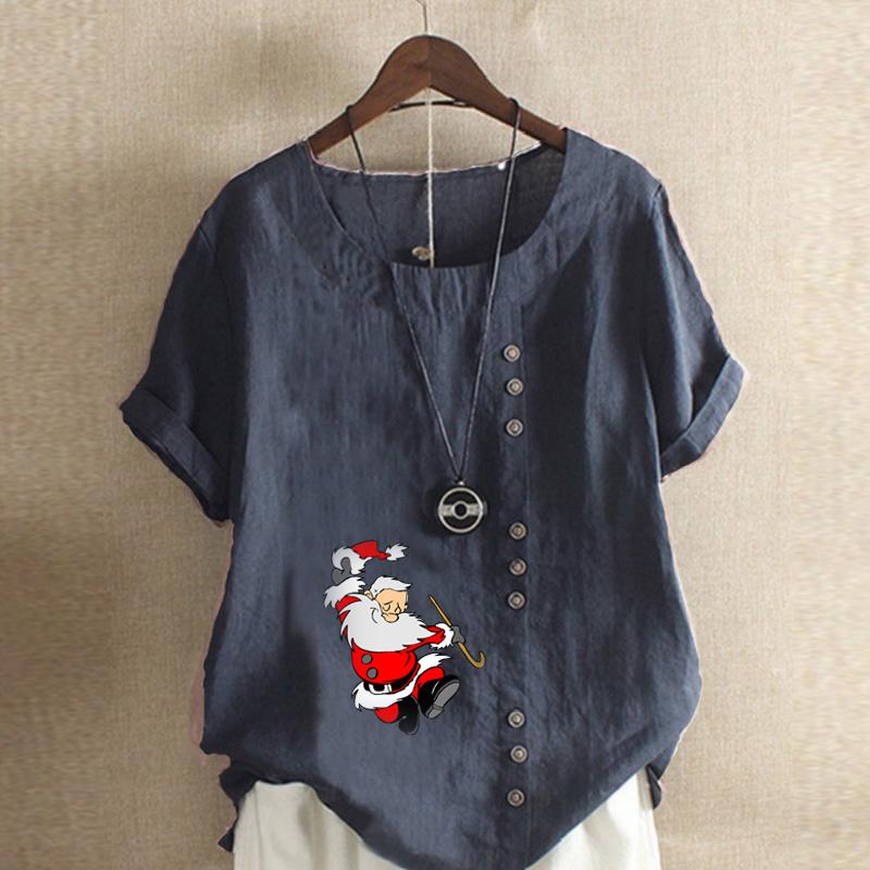 Women's Fashion Santa Claus Prined Round Neck Short Sleeve T-shirt Casual Cotton Linen Graphic Shirt Leisure Loose Summer Blouse Tops