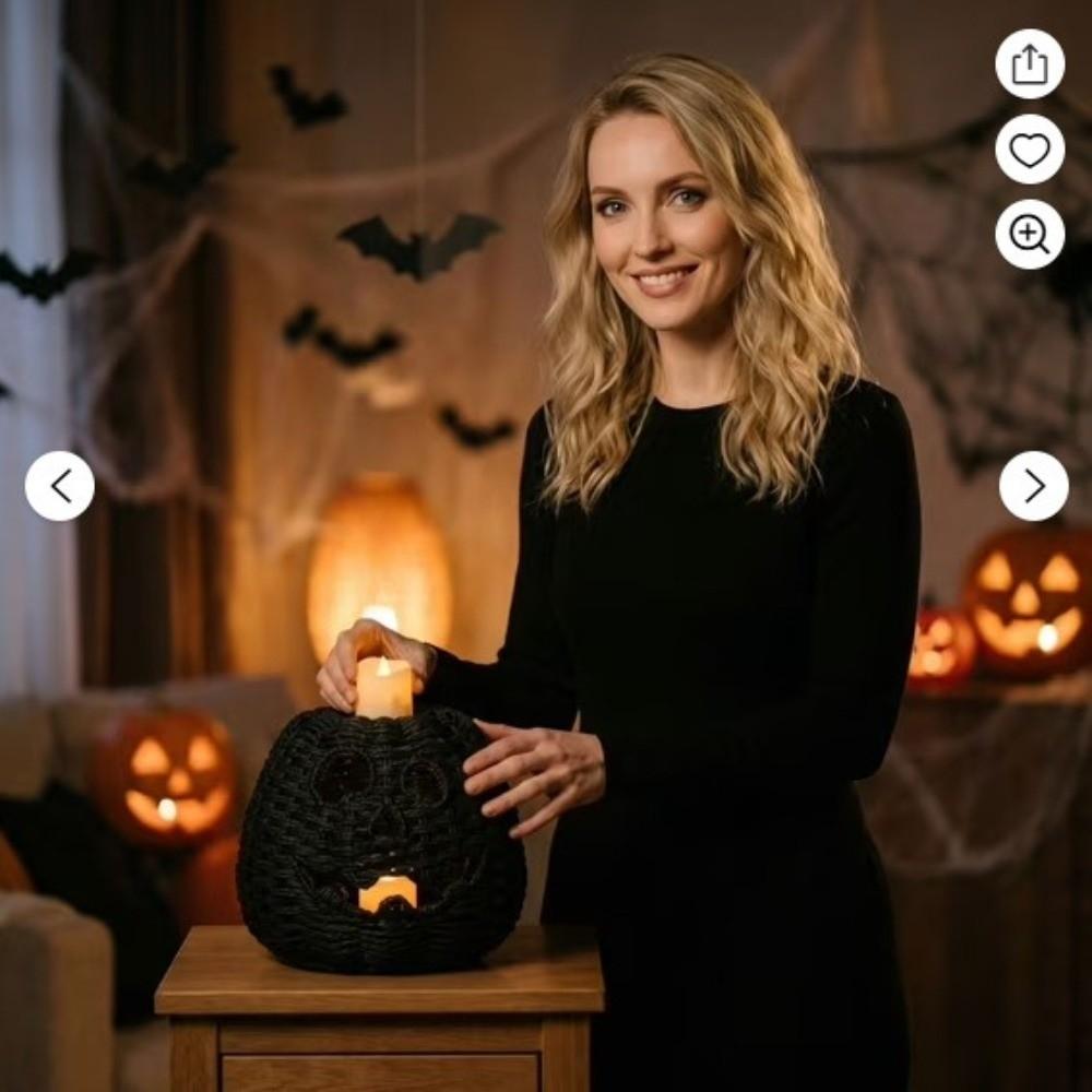 with LED Candle Black Jack-O Lantern Resin Halloween Pumpkin Lantern  Halloween Decoration