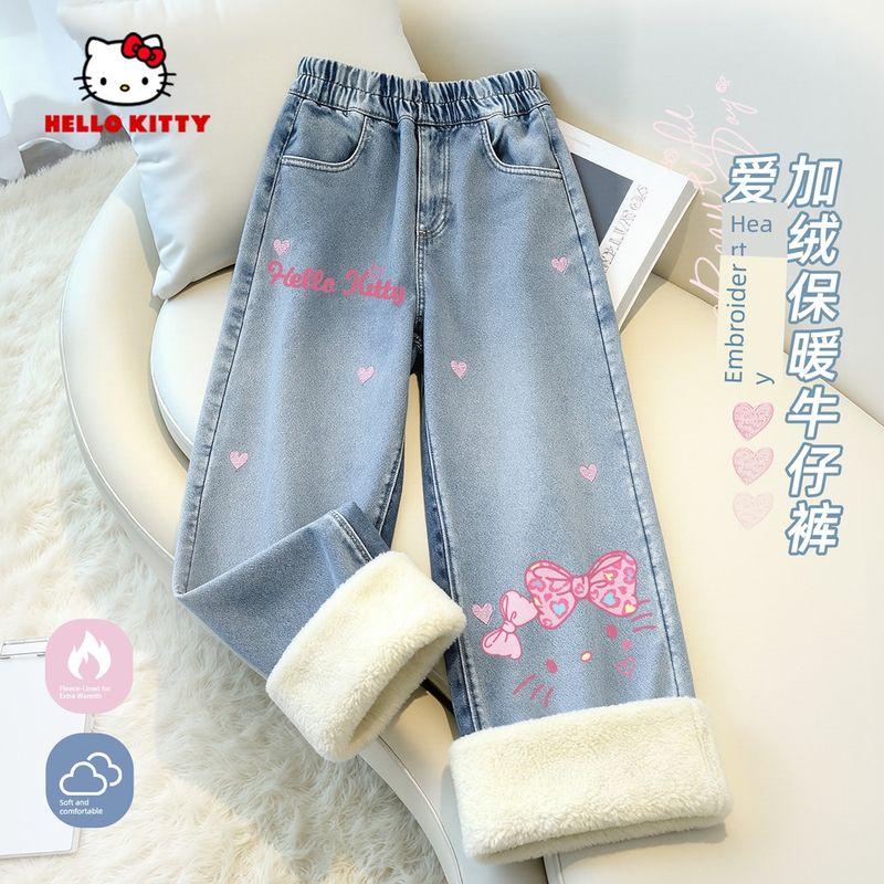 Hellokitty Girls' Fleece-Lined Pants 2025 New Children's Jeans Thickened with Integrated Fleece Straight-Leg Pants for Girls