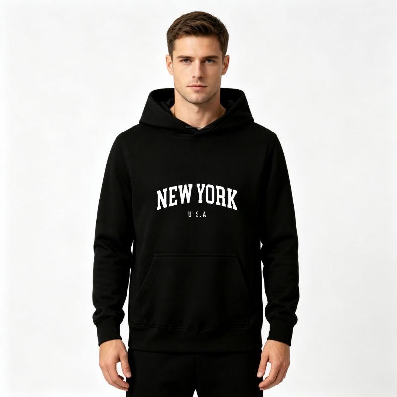 Adult Men's NEW YORK USA Letter Graphic Print Long Sleeve Pullover Hoodie Casual Soft Loose Fit Streetwear Hooded Sweatshirt For Daily Outdoor Wear