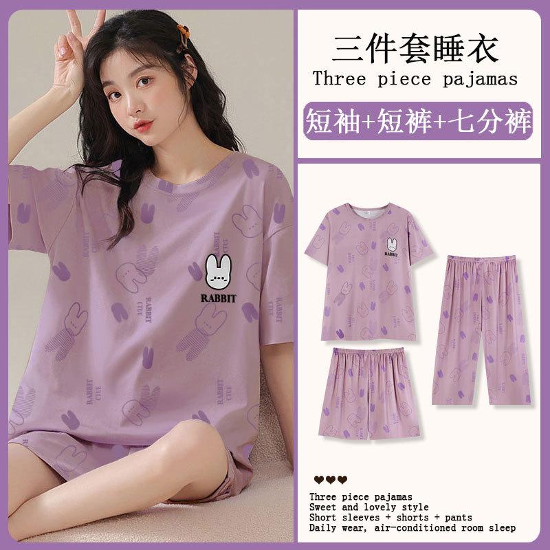 Summer Korean Sweet Pajamas Women's Crew Neck Short-sleeved Three-piece Comfortable Women's Loungewear Spot Straight Hair
