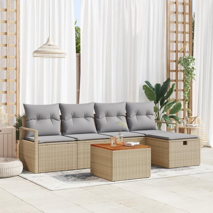 Ensemble de canapé de jardin 6 pièces avec coussins Beige Rattan synthétique, Canapé de jardin 2 places avec rangement 3360864